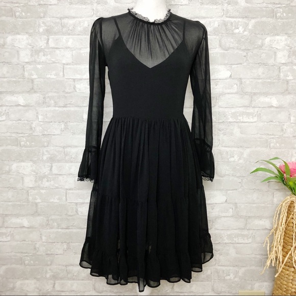 NWOT GENERATION LOVE Black Chiffon Ruffle Long Sleeve Mini Dress w/ Pockets - Picture 1 of 16